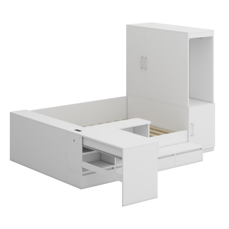 Lit plateforme en bois avec tiroirs, tablettes, bureau et garde-robe, Blanc