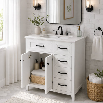 30" White Bathroom Vanity with Ceramic Sink, Freestanding Vanity with Black Metal Handles
