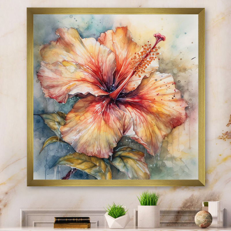 Hibiscus Euphoria II gris orange de Rrahim - art mural hibiscus, H 16 po x l 16 po, Cadre doré