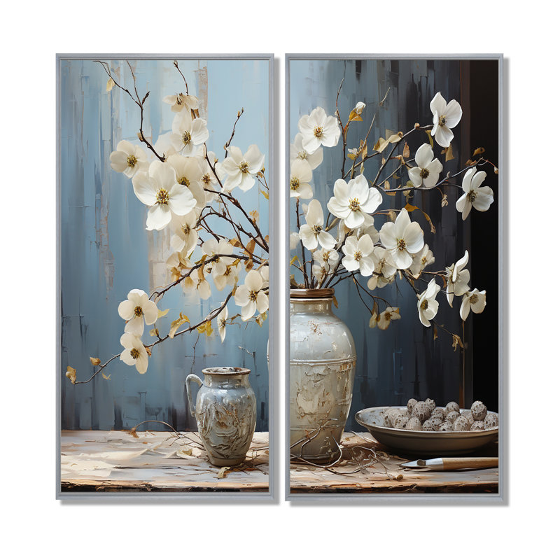 Cornouiller en fleurs, art mural traditionnel vert, H 20 po x l 24 po, Argent argent