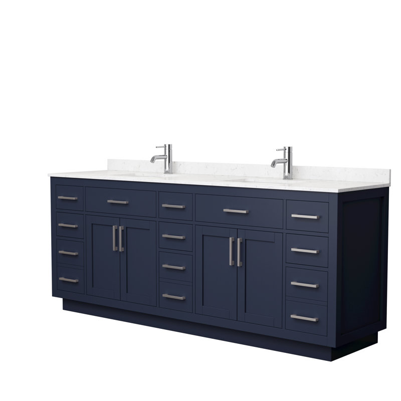 Beckett TK 84'' W Double Vanity, Dark Blue, Carrara Cultured Marble, Brushed Nickel