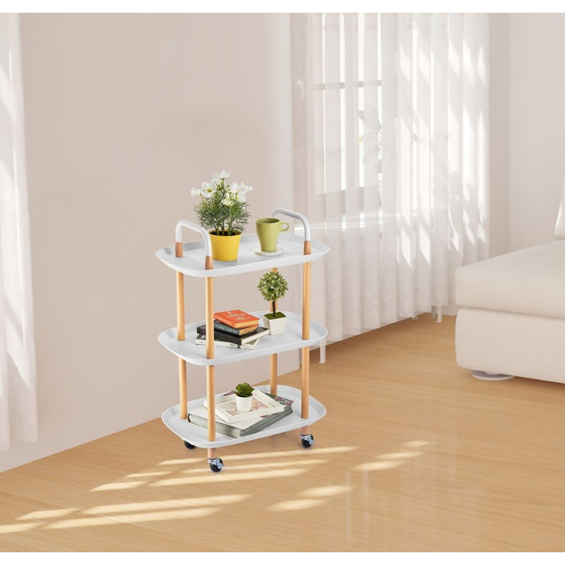 3 Tier Beech Wood & Plastic Serving Storage Trolley Food Drinks Cart on Wheels, White