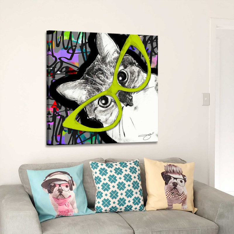 Chat dans des verres (carré) par Jodi - impression, H 36 po x l 36 po x 1,5 po, Toile tendue