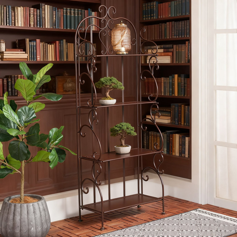 Étagère d'extérieur en fer forgé à 4 niveaux avec finition brun rustique victorienne pour terrasse et porche de jardin