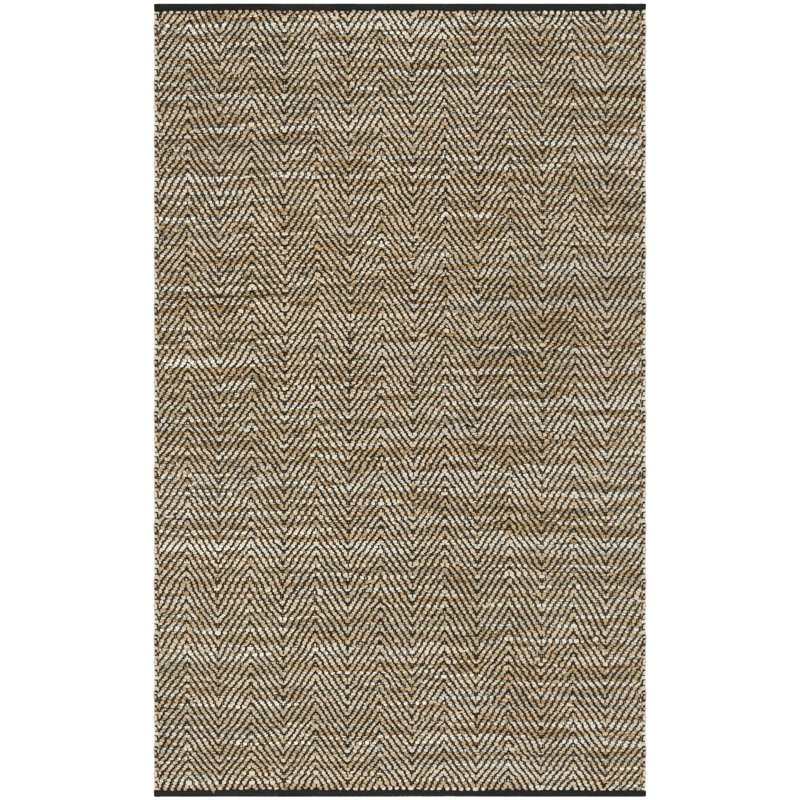 Nakke Vintage Leather Hand Woven Leather/Cotton Geometric Rug in Beige, Rectangle 5' x 8'