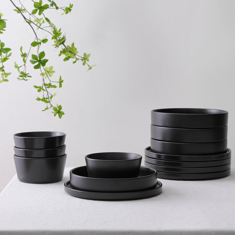 Black Ceramic Minimalist 24-Piece Dinnerware Set