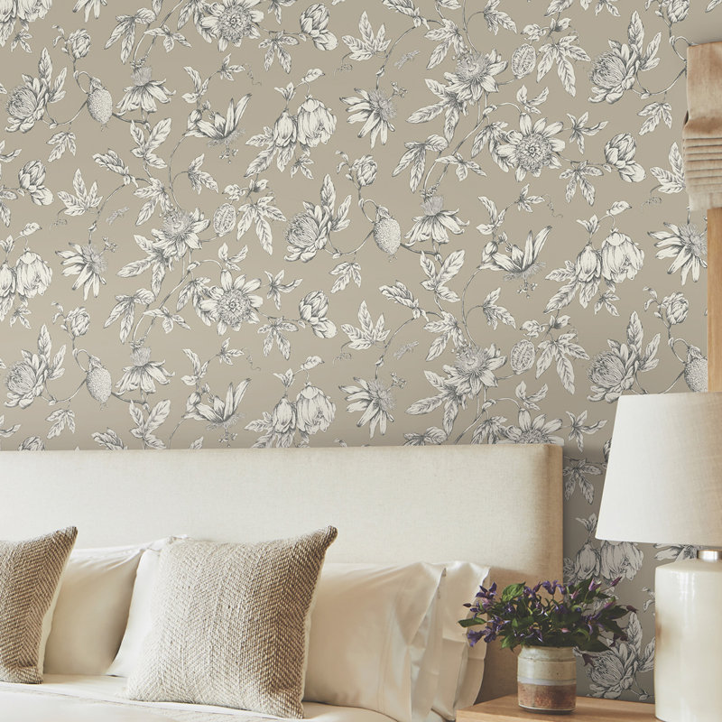 Passion Flower Toile Floral Wallpaper Roll, Linen