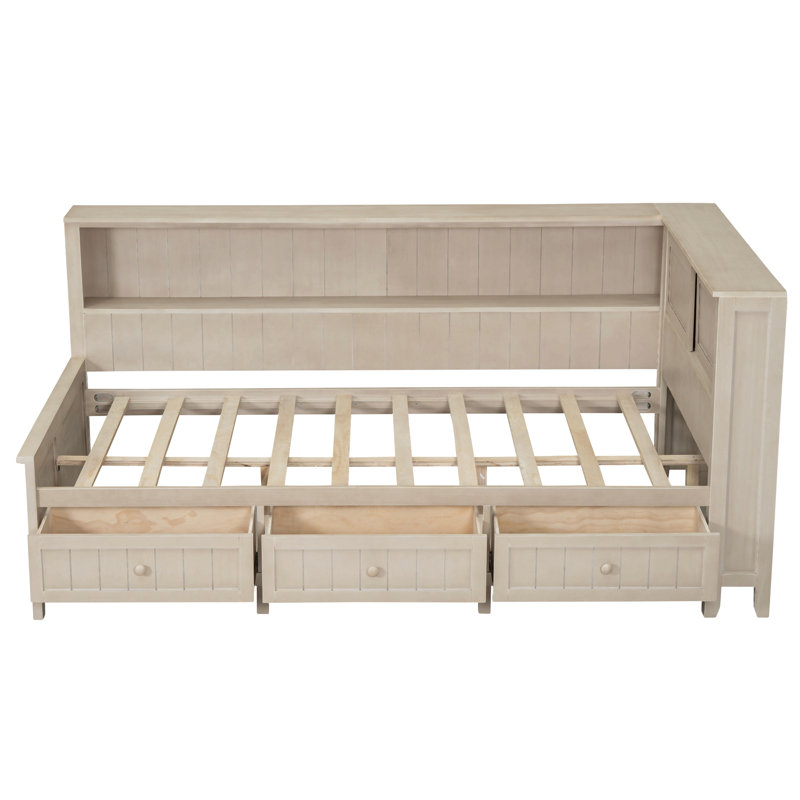Wood Daybed With Storage Shelves And 3 Drawers, Antique White Milk, Twin