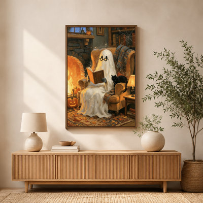 Halloween Ghost Reading Book Fireplace Black Cat Armchair Canvas Wall Art with Floating Frame, Ready to Hang