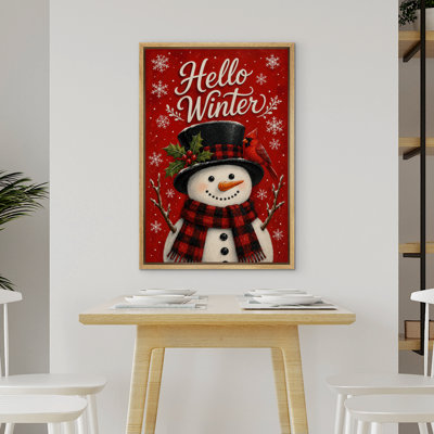 Hello Winter Snowman and Red Cardinal Holiday Decor Framed Canvas Master Bedroom Wall Art Work Print