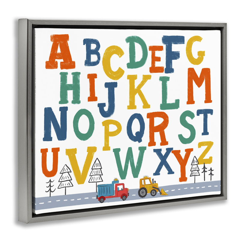 "Alphabet & Construction Camions", art mural sur toile flottante noire par Diane Labombarbe, Cadre flottant gris lustré