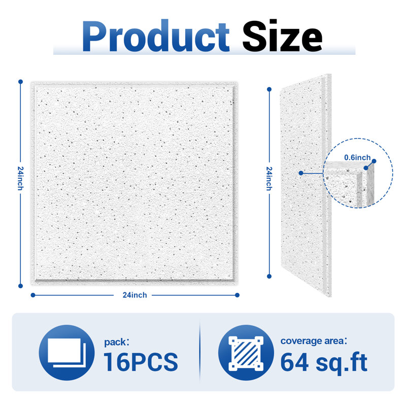 Carreaux de plafond acoustique en fibre minérale 24 x 24 pouces LooYee 16 PCS 2x2 Ft