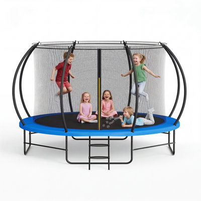 Trampoline bleu robuste de 14 pi pour l'extérieur, trampoline à capacité de rebond élevée de 1760 lb avec cadre galvanisé, poteaux de sécurité courbés, filet de clôture et échelle pour la cour arrière
