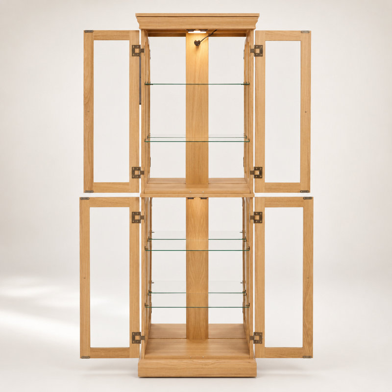 Vitrine de coin spacieuse avec portes en verre trempé, chêne clair, Chêne clair