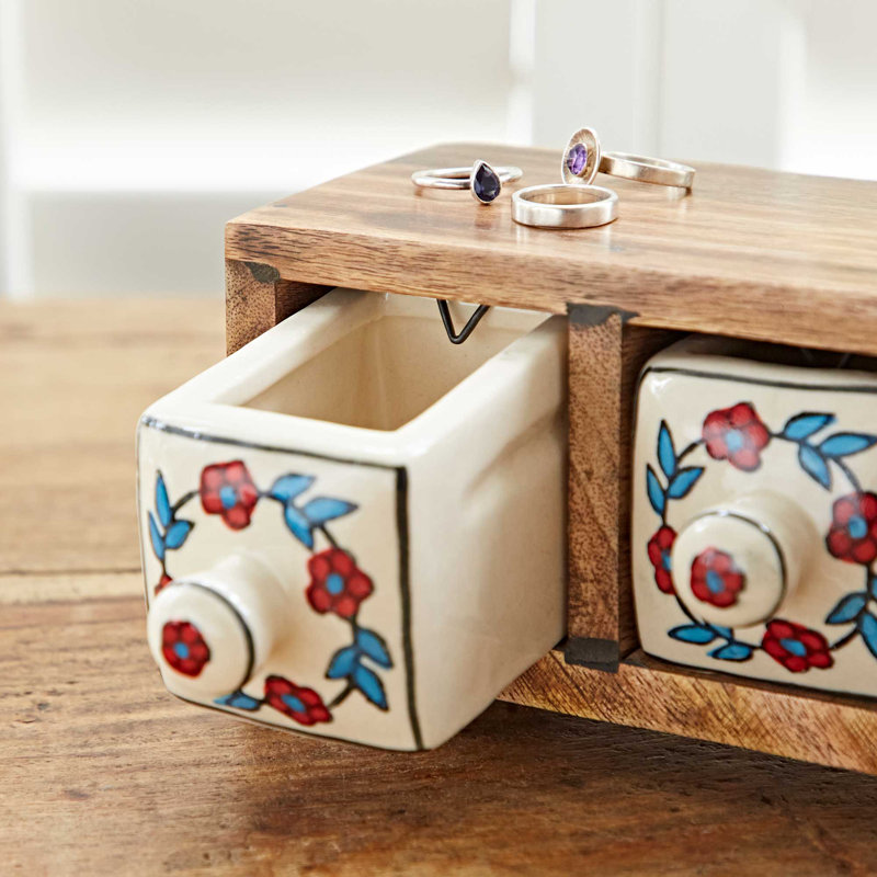 Hand Painted White Floral Ceramic 3 Drawer Chest