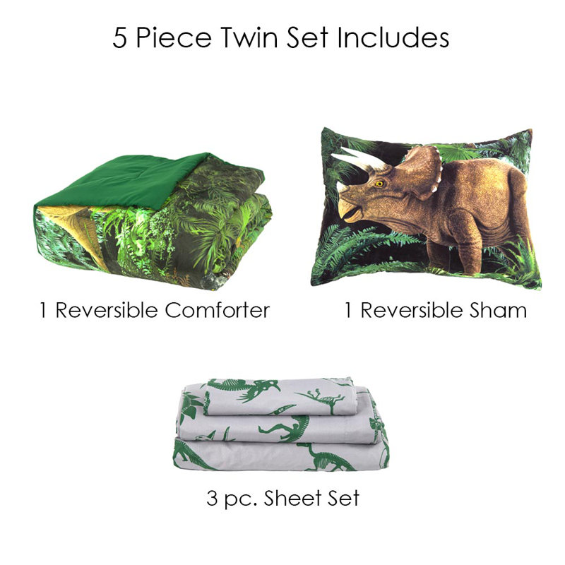 Dinosaur Forest Microfiber Reversible 4 Piece Comforter Set