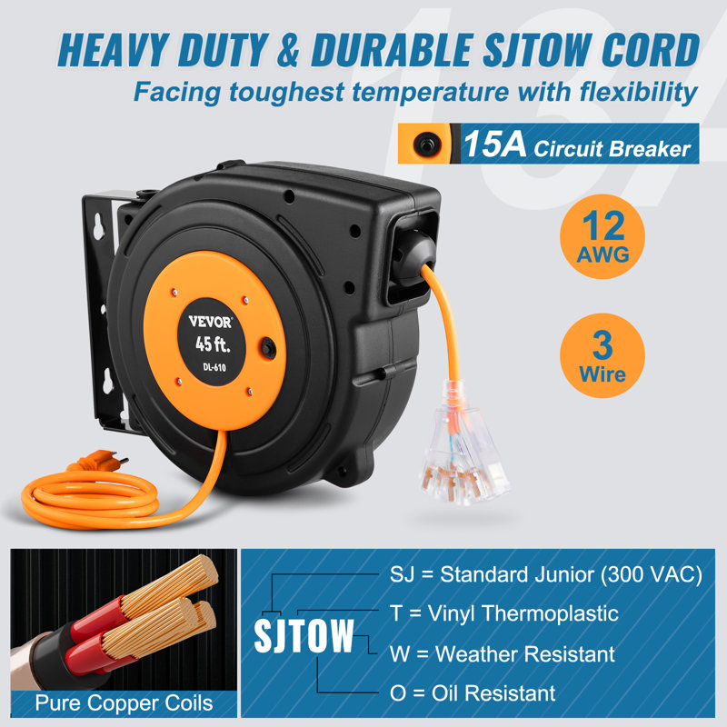 45 ft Black and Orange Retractable Extension Cord Reel