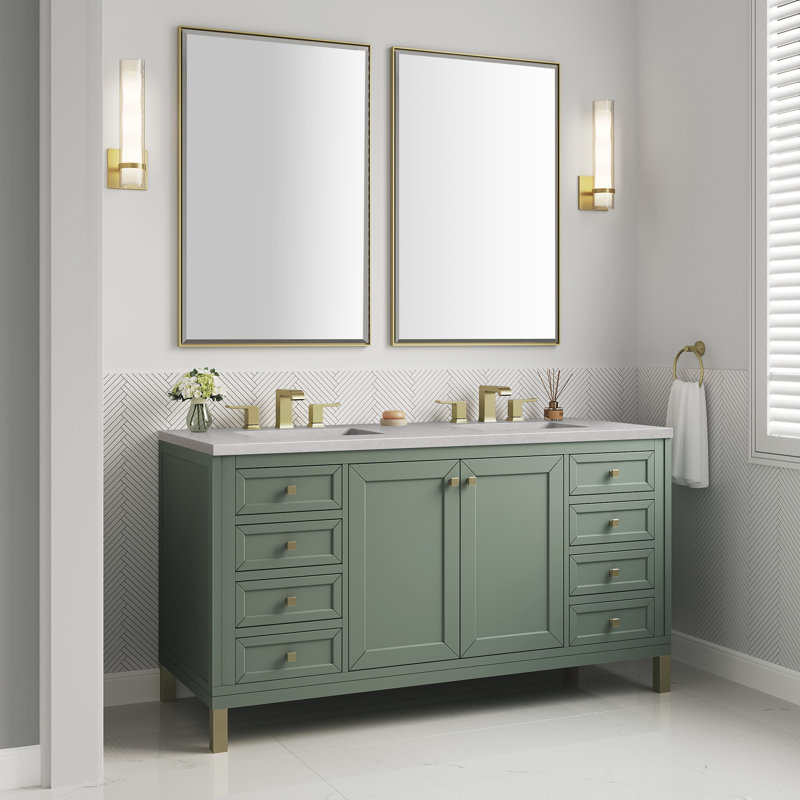 Chicago 60'' W Double Vanity, Smokey Celadon, Charcoal Soapstone, 8" Widespread