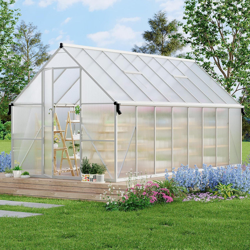 8'x16' Aluminum Frame Polycarbonate Greenhouse with Roof Vent & Gutter System, Silver