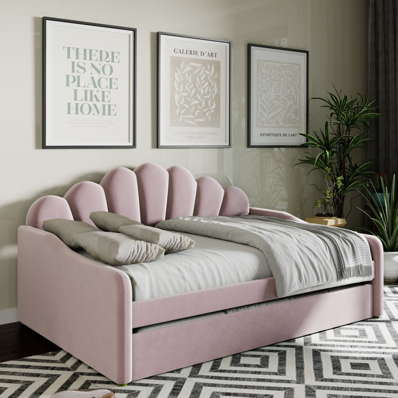 Kaleab Upholstered Full Daybed, Curved Arms Shalle, Shaped Backrest, Sofa, Guest Bed, Pink