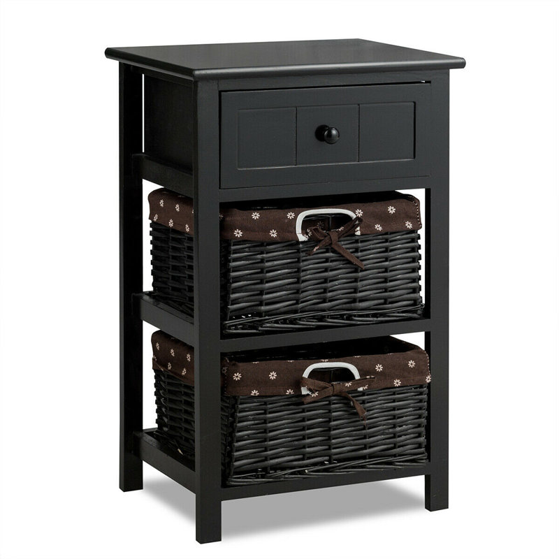 Eastridge Solid Wood End Table with 1 Drawer And 2 wicker baskets, Black