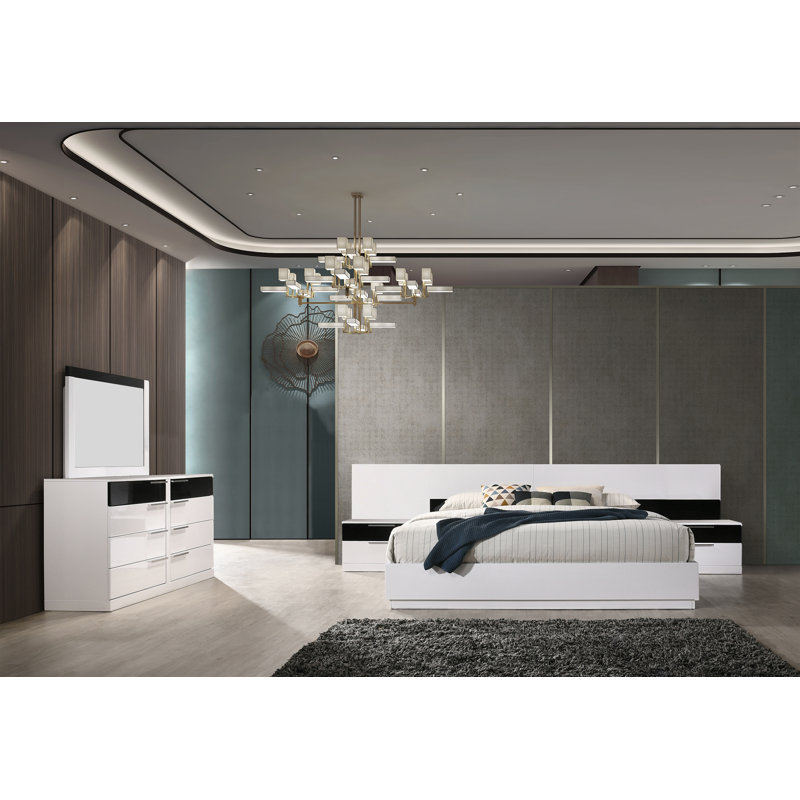Ensemble de chambre en bois massif Cuyuna, Reine, 5 pièces (1 lit, 2 tables de chevet, 1 commode, 1