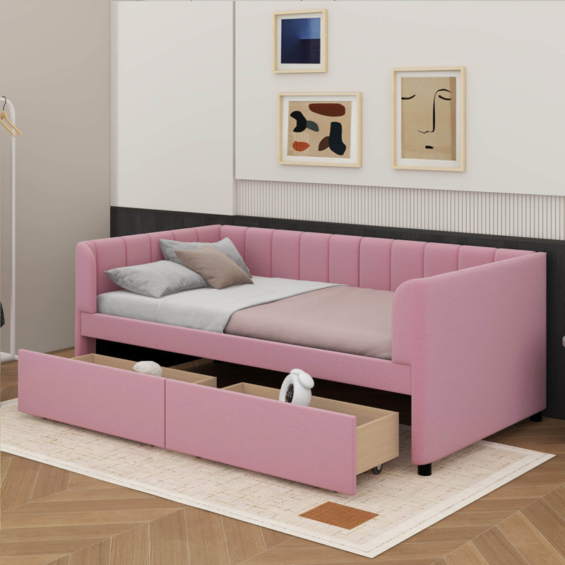 Lit de jour simple tapissier avec 2 tiroirs, Rose