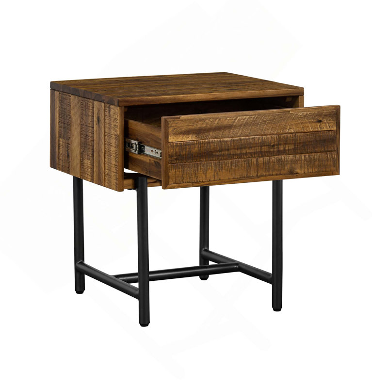 Table de chevet à tiroir simple en acacia rustique avec pieds en métal
