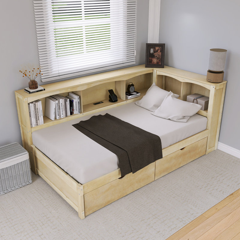 Lit de jour simple avec deux tiroirs de rangement et ports USB, Naturel