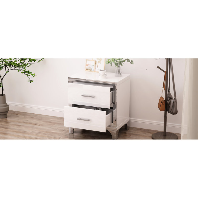 Table de chevet élégante avec 2 tiroirs, blanc, ultrabrillant, poignée en métal tactile