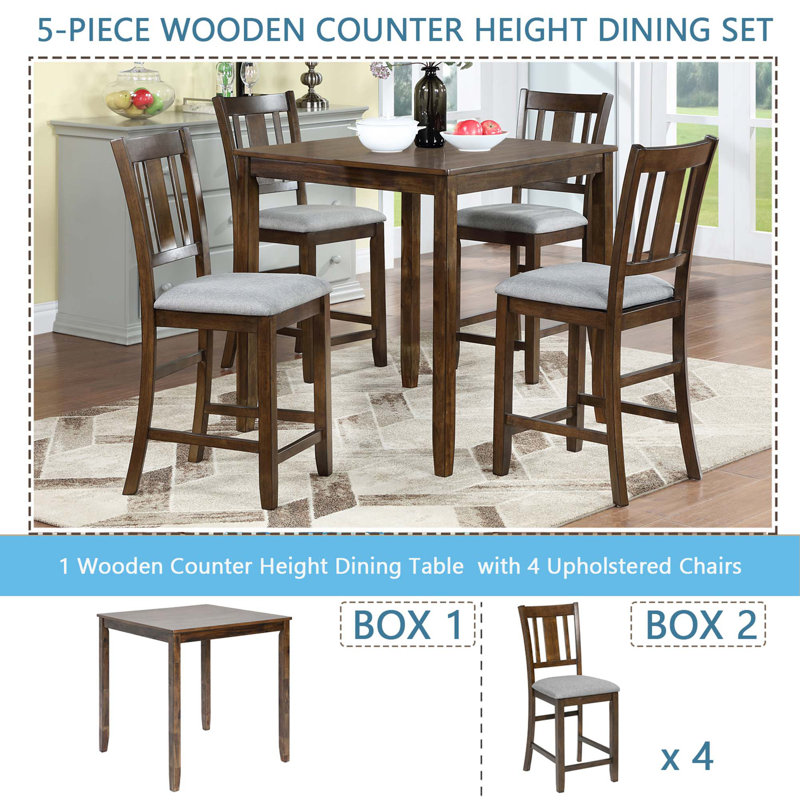 Ensemble de table de salle à manger 5 pièces, ensemble de table de salle à manger carrée en bois pour 4 personnes, ensemble de table de cuisine à hauteur de comptoir avec table carrée et 4 chaises rembourrées