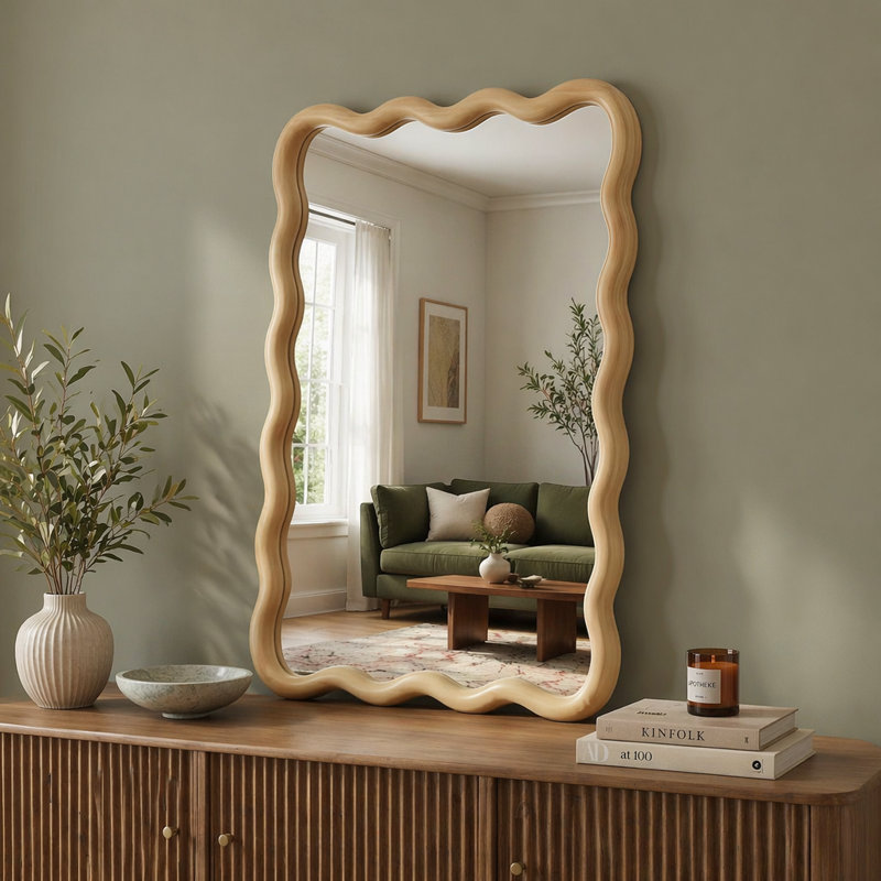Wavy Solid Wood Frame Decorative Mirror, 20"x30", Oak