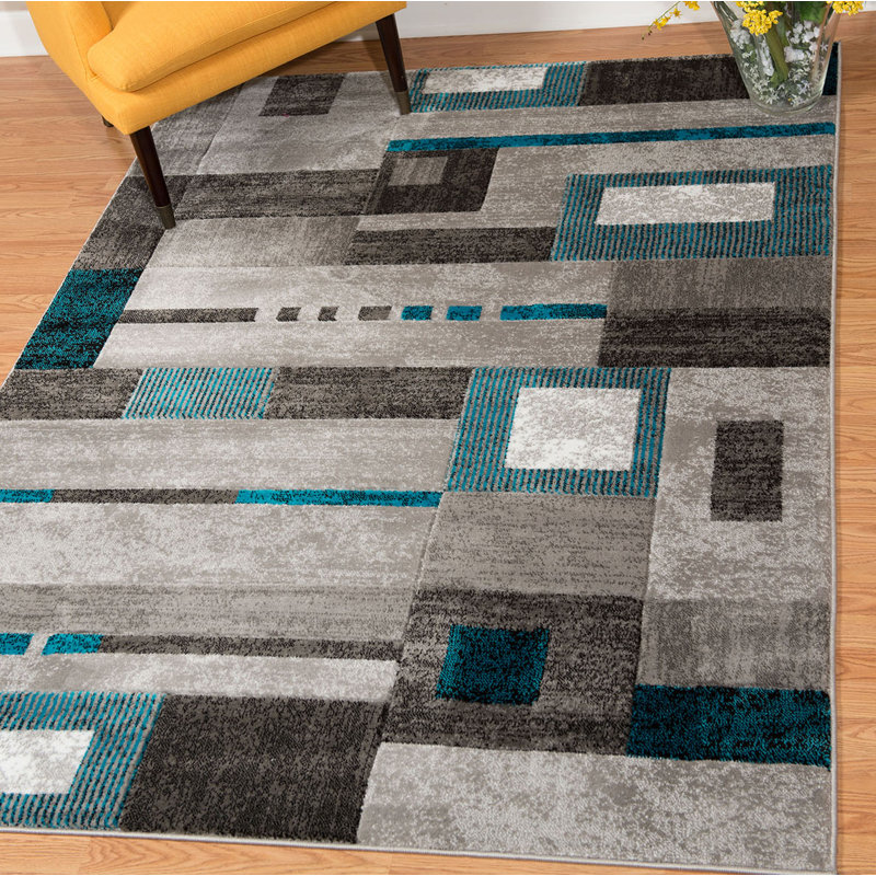 Tapis de couloir gris / bleu turquoise, 5 pi 3 po x 7 pi 2 po