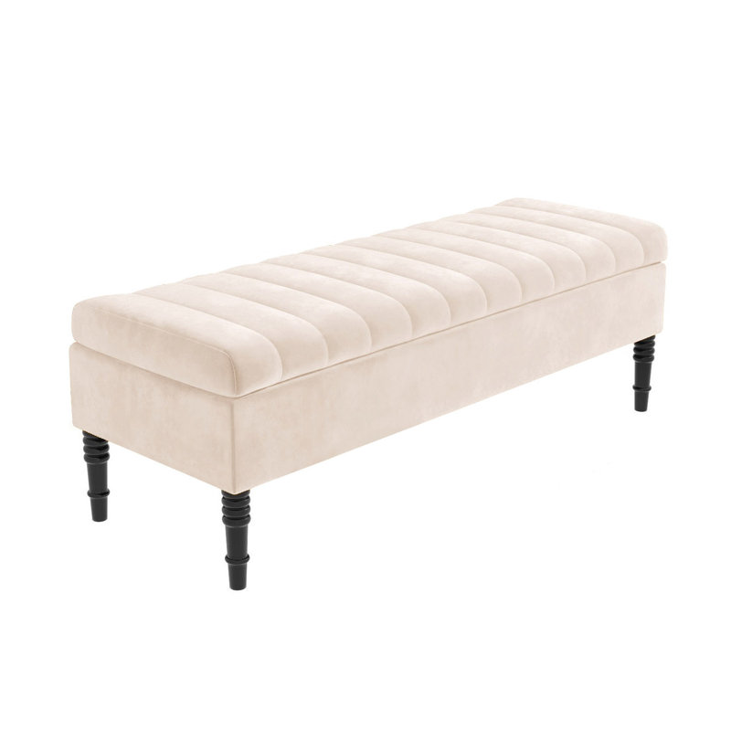 Safar Striped Ottoman Storage Bench – Upholstery Plush Velvet Shoe Bench with Black Turned Wooden Legs, Cream