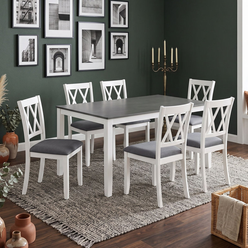 Ensemble de salle à manger en bois 7 pièces avec 6 chaises rembourrées en lin