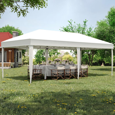 Tente pliante blanche de 3 x 6 mètres avec toile Oxford 210D et structure tubulaire en acier, imperméable et résistante aux UV, idéale pour terrasse, jardin, plage et camping.