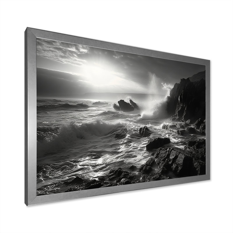 Paysage de plage rocheuse sur toile, Cadre simple argenté, H 34 po x l 44 po x P 1,5 po
