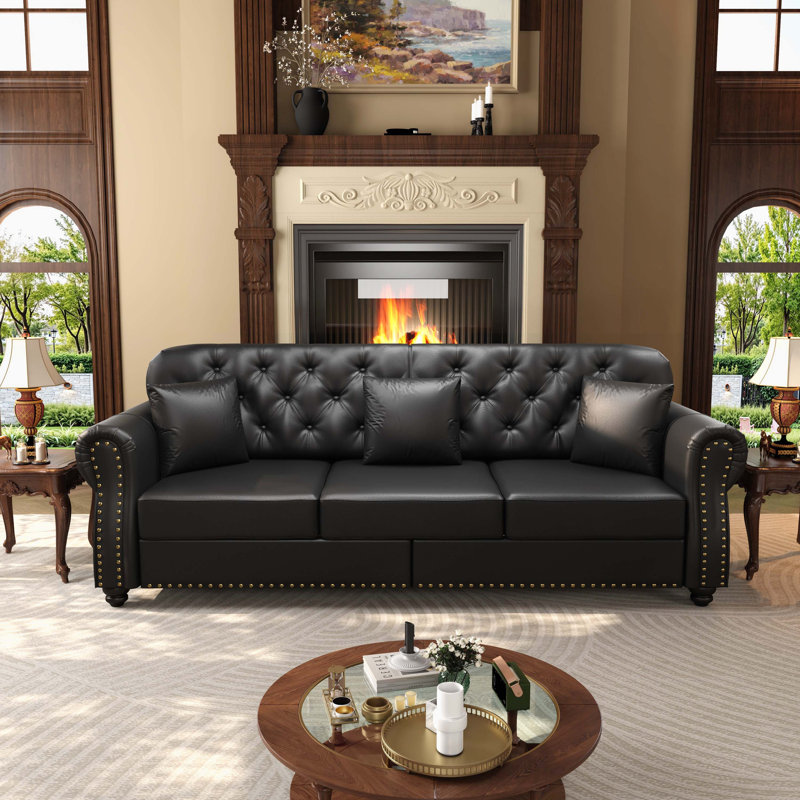 Canapé Chesterfield 82,6 po Mid-Century, Similicuir noir