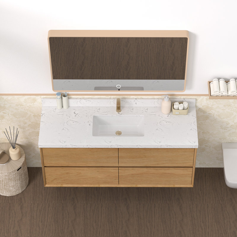 Meuble-lavabo flottant mural 48 po avec comptoir en pierre d'ingénierie blanche Calacatta et lavabo en céramique, 48"