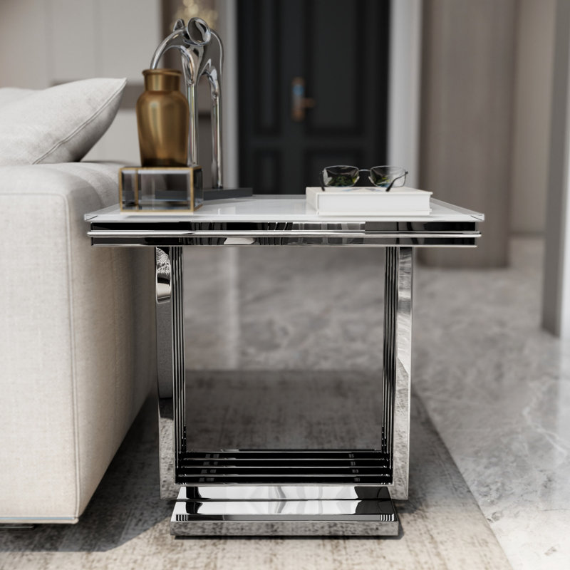 Table de bout en verre 24 po, Plateau blanc / base argent