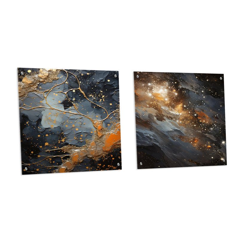 Abstrait or et noir Constellation I - ensemble de 2 peintures murales abstraites en acrylique, H 30 po x l 61 po