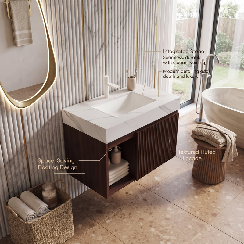 Meuble-lavabo flottant mural de 30 po avec porte cannelée 3D et tablette ouverte, armoire en contreplaqué, plateau en pierre frittée blanche de Carrare et lavabo en céramique (noyer)