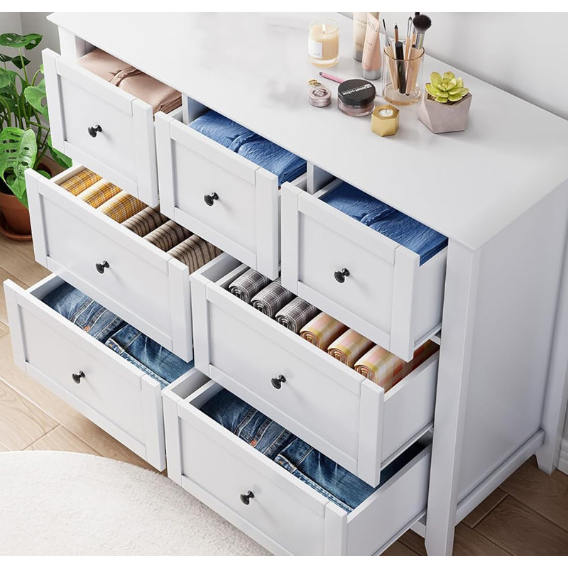 Commode 7 tiroirs, rangement en bois élégant, dans la chambre à coucher, le salon ou le vestibule, Blanc