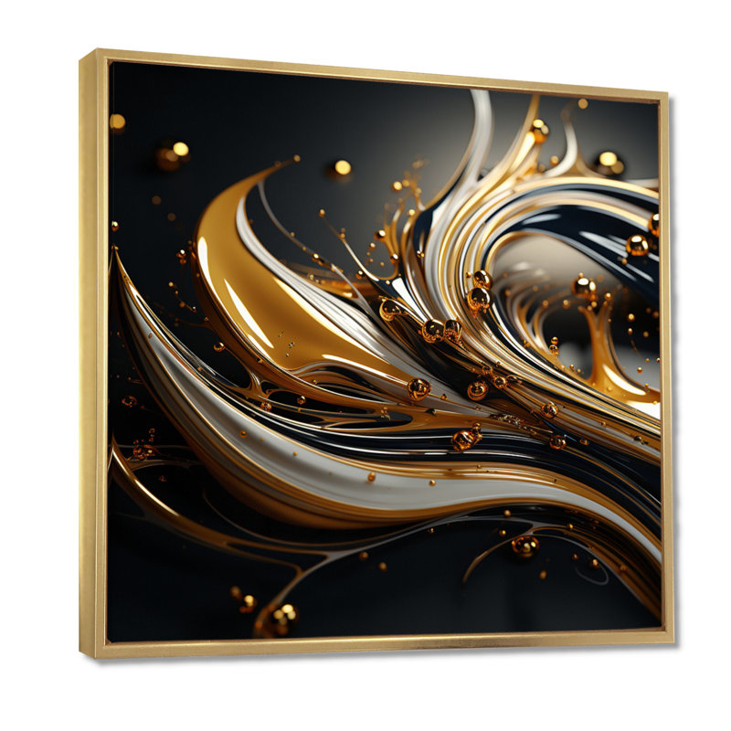 Futur salon art liquide or vif - art mural vagues, Toile avec cadre flottant or, H 16 po x l 16 po x P 1 po