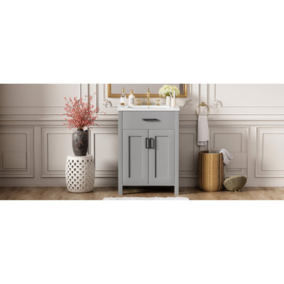 Bathroom Vanity 24" With Ceramic Sink, Frame, Exquisite Paint Finish, Soft - Close Doors, Adjustable Storage, And Black Handles For Daily Use 24 Inches, Basin Overflow, Ample Solid Wood Modern