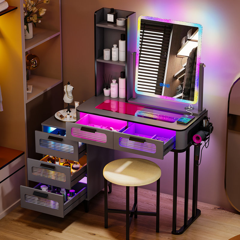 Dressing Table with Human Sensor RGB Lights, Tempered Glass Top, and Quick-Charging Station, Grey/Black