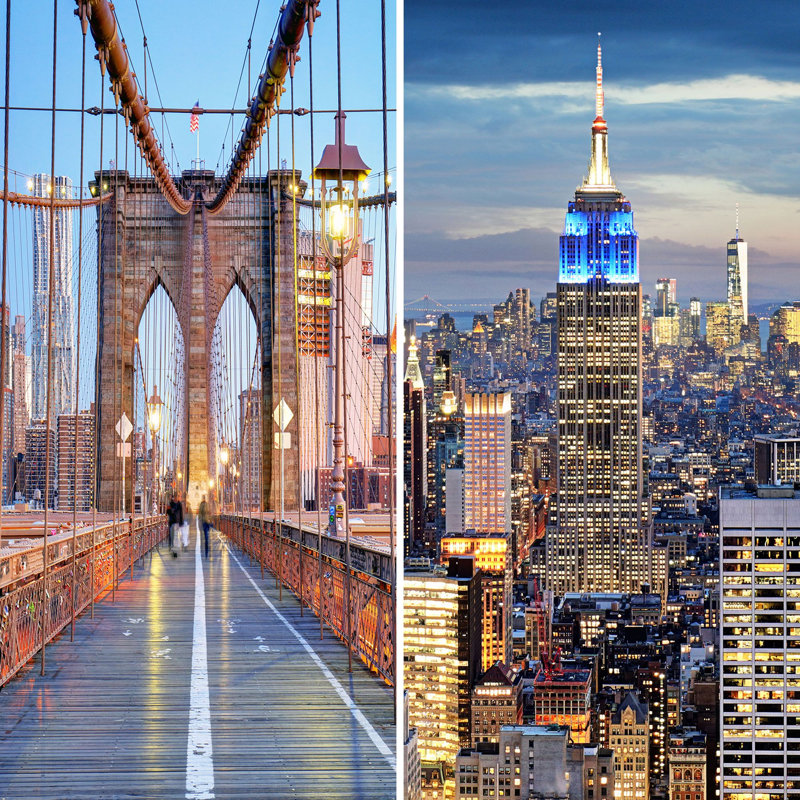 6 Ft. Tall Double Sided Black And White New York Bridge Canvas Room Divider, Colorful Landmarks