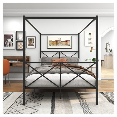 Queen Metal Canopy Bed Frame with X-Shaped Design - Sturdy Platform Bed Frame, No Box Spring Needed, Black Finish for Bedroom