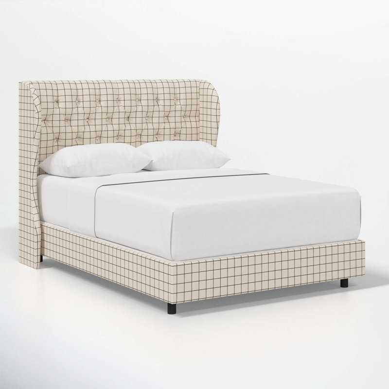 Tomey Upholstered Wingback Bed, King, Line Tattersall Green
