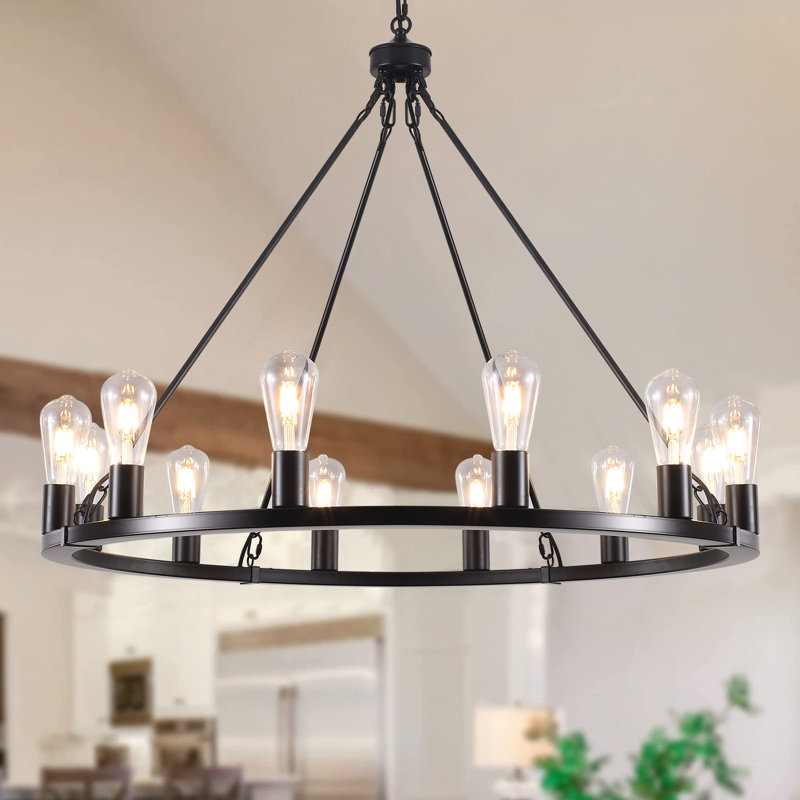 Hatsumi 12 - Light Dimmable Wagon Wheel Chandelier, Black, 88.58" H x 35.43" W
